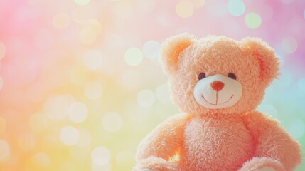 Fototapeta premium Adorable peach-colored teddy bear against a pastel bokeh background.