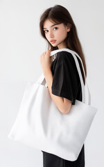 Photo with model in an oversized white bag, mock-up photography, front view, wearing a black shirt on a white background