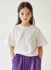 A cute girl wearing  a white tshirt. A full body shot. Mockup for kids design. White space, white background. Teen girl