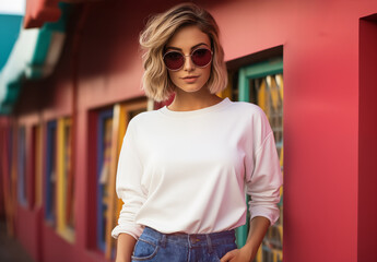 A cool fashion girl wearing pink trousers and white shirt and sunglasses. White space, wall  house background