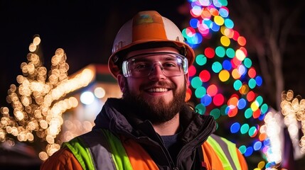 Smiling construction worker in safety gear stands in front of a brightly lit Christmas tree