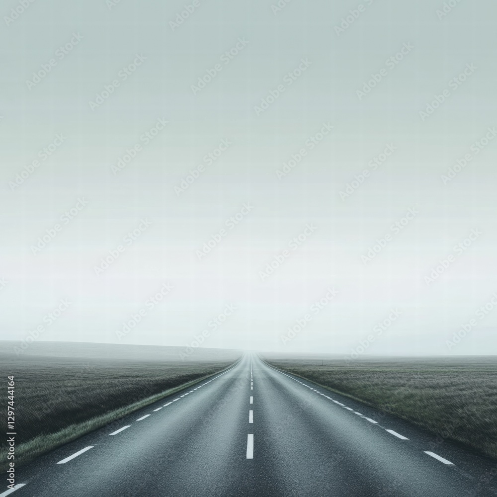Poster Expansive road stretching into misty distance surrounded by serene fields under cloudy sky. Generative AI