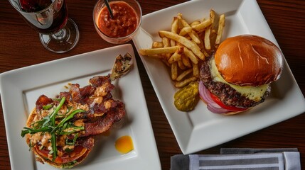 Juicy burger on a white plate, showcasing simplicity and indulgence in every bite.
