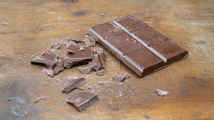 Dark chocolate bar broken into pieces on a wooden surface.