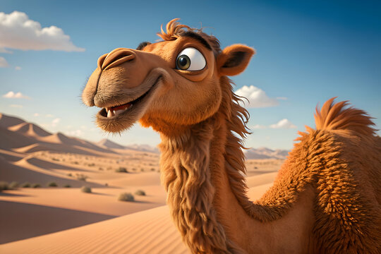 Animated camel smiling in vast desert with golden sand dunes under bright sun and happy hump day message