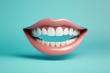 A wide smile displaying perfect white teeth against a blue background