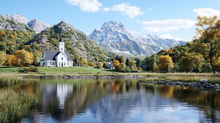 Fototapeta premium Autumn church, mountain lake, village, scenic view, postcard