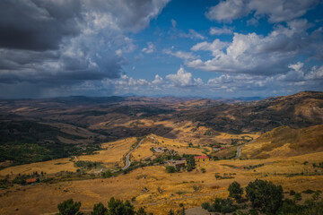 Petralia Soprana, Palermo, Sicily, Italy. Panoramic view from the village on surrounding landscape. August 2024.