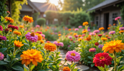 Obraz premium Vibrant zinnia flowers blooming in a sunlit garden