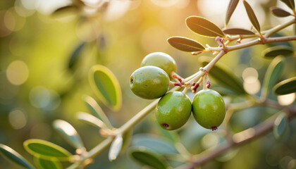 Green olives on olive branch against blurred background