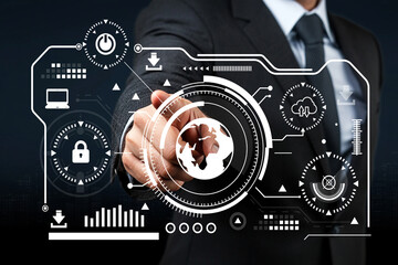 Businessman Interacting with Futuristic Data Interface Displaying Global Connectivity and Cybersecurity Strategies in a Modern Workspace