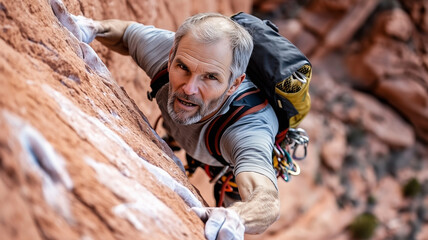  above of adult male climber with backpack and helmet standing on high mountains while looking at camera
