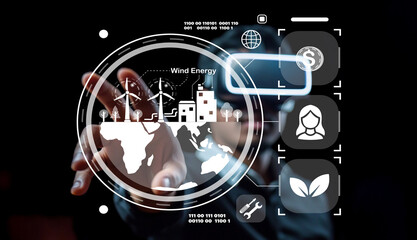 Fototapeta premium Futuristic Wind Energy Concept with Virtual Technology and Renewable Icons Representing Sustainable Environmental Solutions and Global Impact