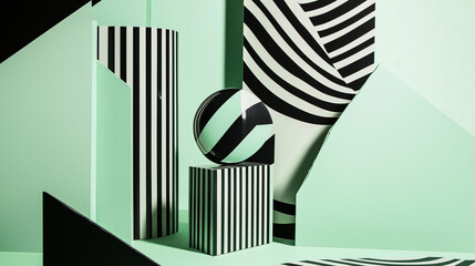 Abstract Geometric Composition Black, White, and Mint Green Stripes