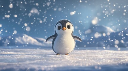 Adorable penguin chick waddles through a snowy landscape.