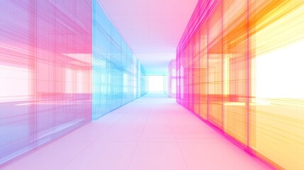 Vibrant modern hallway design contemporary office space architectural visualization bright and colorful environment wide angle perspective