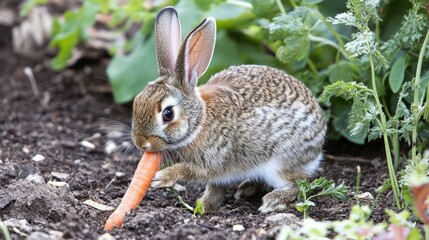 Fototapeta premium Adorable rabbit enjoying a crunchy carrot in the garden.