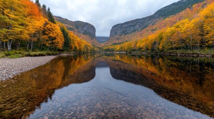 Fototapeta premium Autumn Colors Reflect in Calm River Valley