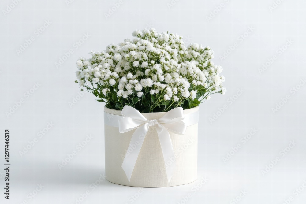 Aufkleber White flowers in a round container adorned with a delicate ribbon showcase elegant decor for special occasions in a bright setting. Generative AI