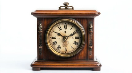 Antique wooden mantel clock with Roman numerals. Rich, dark wood and brass accents.