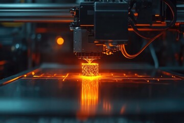 Additive Manufacturing: Close-up of 3D Printer in Action, Creating a Glass Object with Orange Glow