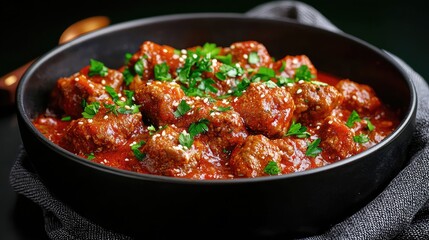 Fototapeta premium Savory meatballs simmered in rich tomato sauce and garnished with fresh parsley and sesame seeds in a black bowl.