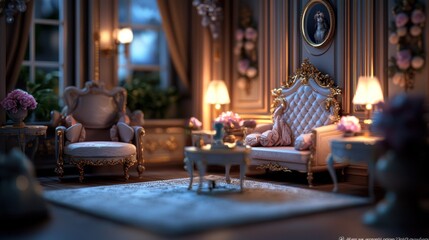 Elegant vintage living room with plush furniture, floral decor, and soft lighting creating a cozy atmosphere