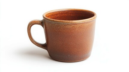 Empty brown ceramic mug on white background.