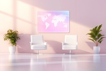 Fototapeta premium Modern office interior design with world map art bright space digital art calm environment aesthetic viewpoint