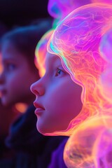 Captivating neon portrait of a child with colorful hair digital art dreamy atmosphere close-up view imagination unleashed