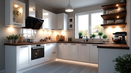 Modern kitchen interior with white cabinets, wooden accents, and plants, showcasing a cozy atmosphere
