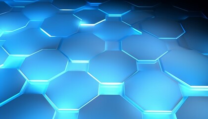 Light blue hexagons with bright lighting edges. Banner template geometric abstract background.