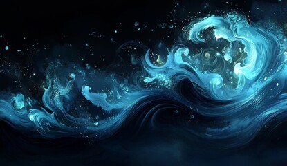Abstract swirling waves in deep water with glowing particles