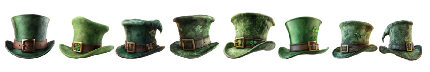 Green Hats and Leprechaun Hats collection : Festive St. Patrick's Day Party Accessories and Irish Celebration Gear. PNG. Transparent background