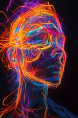 Vibrant light trails art digital realm abstract portrait dark background close-up creative expression