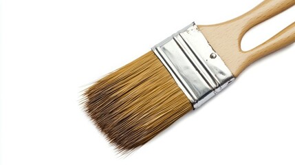 Close-up of a paintbrush with natural bristles and a wooden handle, isolated on white.