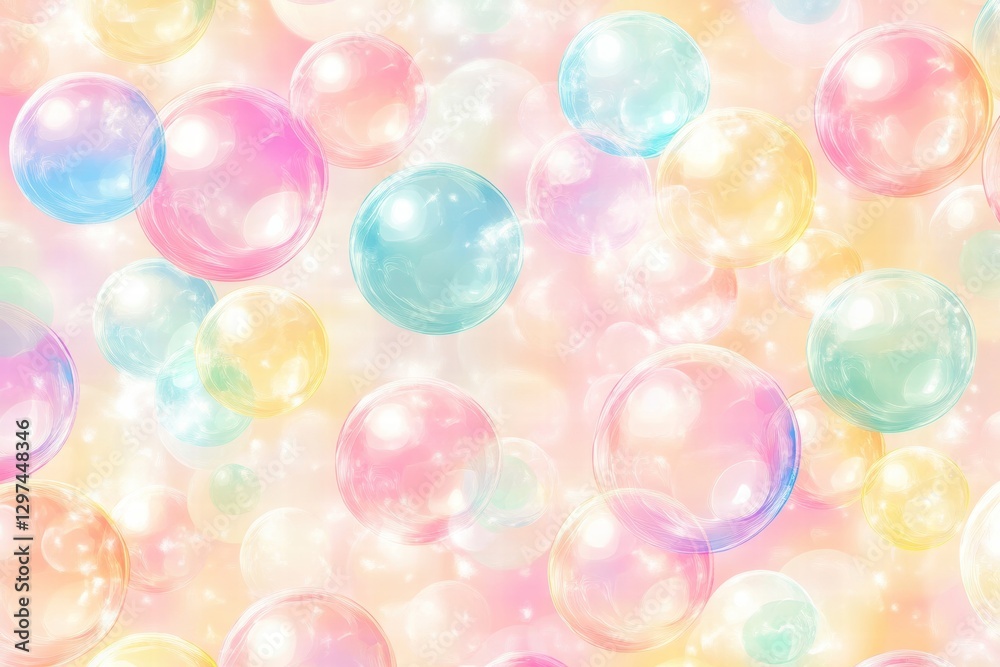Leinwandbilder Colorful soap bubbles create a cheerful pattern in a soft pastel background filled with vibrant hues of blue, pink, and yellow. Generative AI