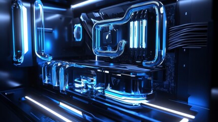 Obraz premium Cyberpunk PC Build: Close-up view of a high-end custom-built gaming PC with intricate water cooling system and vibrant blue LED lighting, showcasing technological prowess.