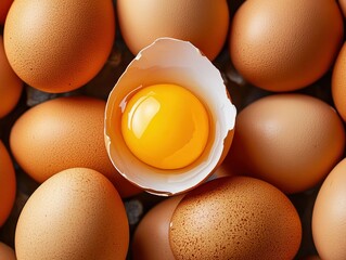Fresh egg yolk in shell, surrounded by eggs, close-up, food photography, recipe ingredient