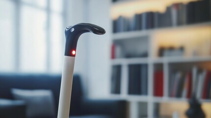 Smart Cane Detail: Close-up of a modern, technologically advanced smart cane with a sensor light, highlighting its sleek design and innovative features for visually impaired individuals.  
