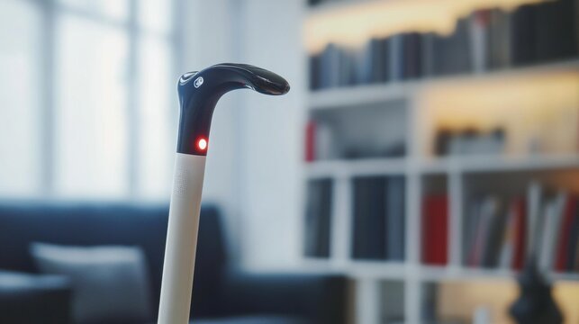 Smart Cane Detail: Close-up of a modern, technologically advanced smart cane with a sensor light, highlighting its sleek design and innovative features for visually impaired individuals.  