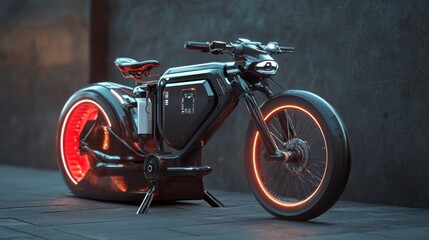 Fototapeta premium Electric Motorcycle: A sleek, futuristic electric motorcycle design, bathed in neon light, sits still against a modern backdrop. It evokes excitement and a sense of cutting-edge technology.