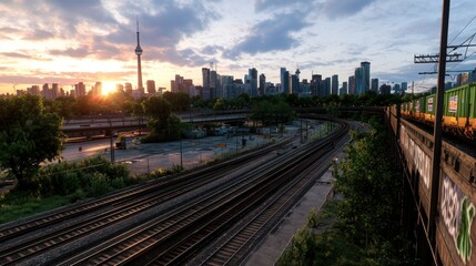 Fototapeta premium Sunset over Toronto skyline with train tracks, greenery, and urban landscape in view