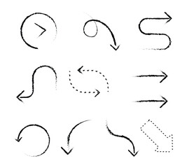 Collection hand drawn arrows. Set Doodle Arrow isolated on white background. Arrow mark icons. Arrow brush stroke stock vector.