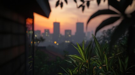 Serene sunset view over a city skyline with lush greenery in the foreground and soft lights