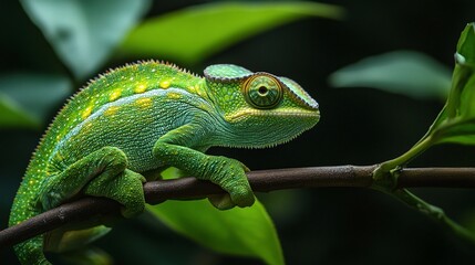 Vibrant Green Chameleon in Natural Habitat - Exotic Reptile Camouflaging Among Leaves and Branches