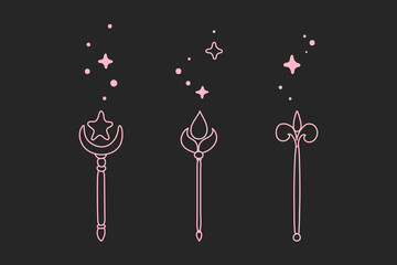 Doodle line magic wands, set of hand drawn fairy illustrations