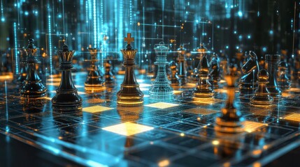 Strategic Digital Chess: A futuristic chessboard comes alive with gleaming chess pieces, showcasing intricate details, set against a backdrop of glowing digital lines and connections.