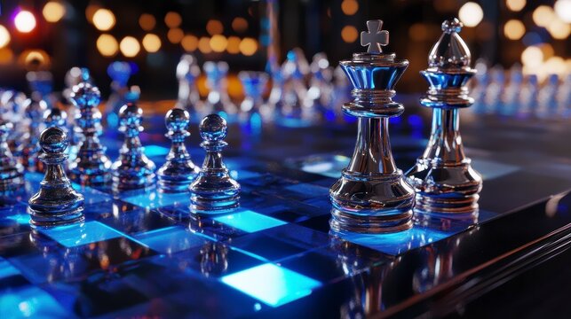 Strategic Board: An illuminated digital chessboard hosts metallic chess pieces, the king and queen stand prominent, hinting at strategic depth. Captured in vivid detail.