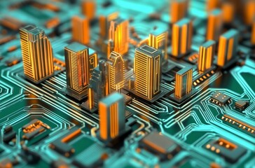 Futuristic City on Circuit Board